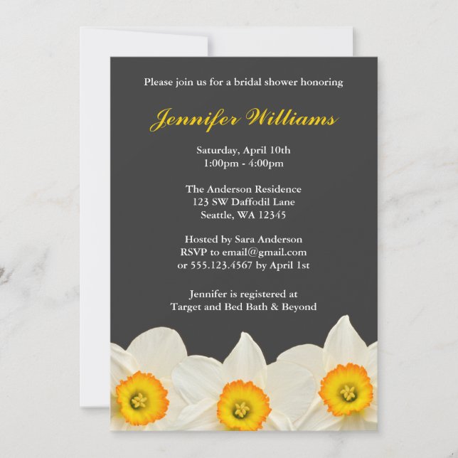 Yellow and Grey Daffodil Flower Bridal Shower Invitation (Front)