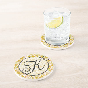 Yellow and Grey Damask Monogram Coaster