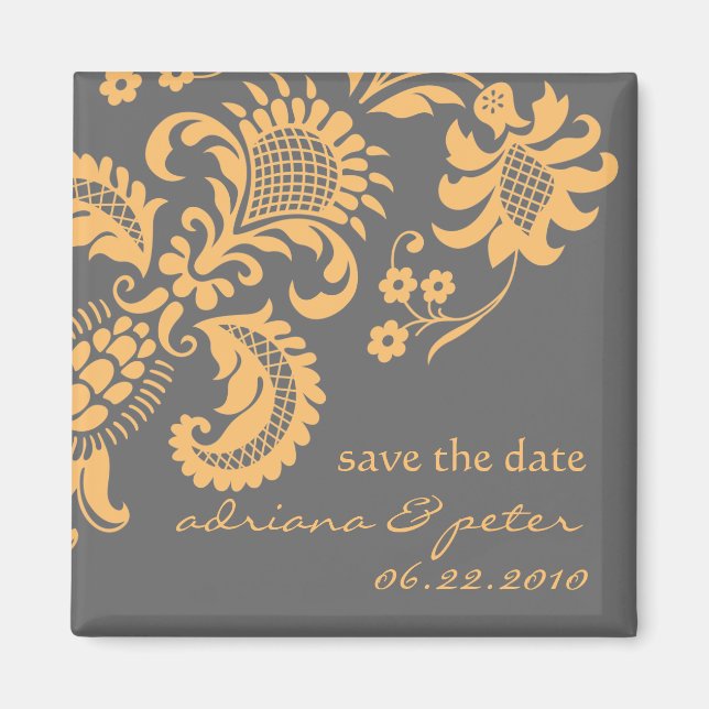 Yellow and Grey Damask Save the Date Magnet (Front)