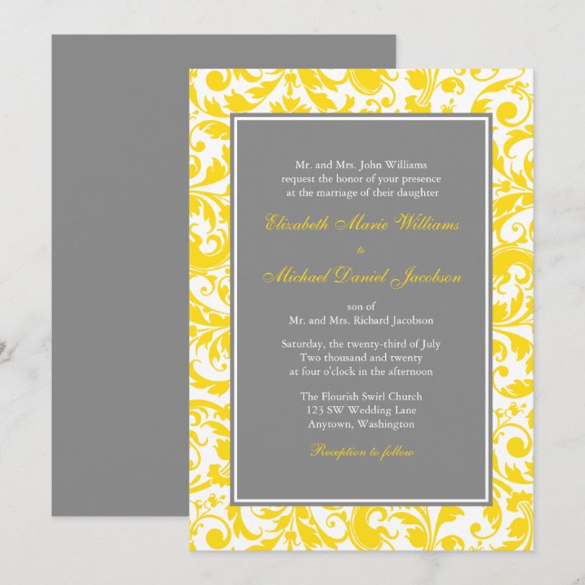 Yellow and Grey Damask Swirls Wedding Invitations (Front/Back)