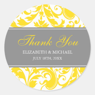 Yellow and Grey Damask Swirls Wedding Thank You Classic Round Sticker