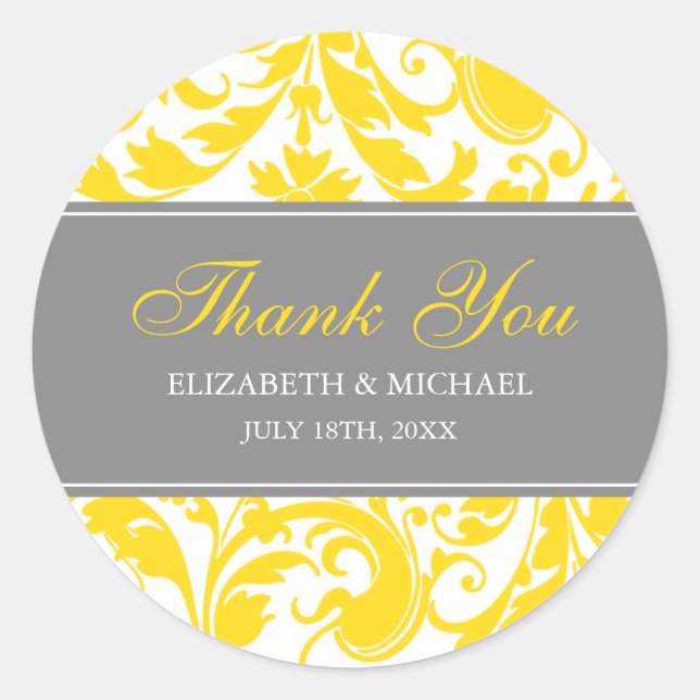 Yellow and Grey Damask Swirls Wedding Thank You Classic Round Sticker (Front)