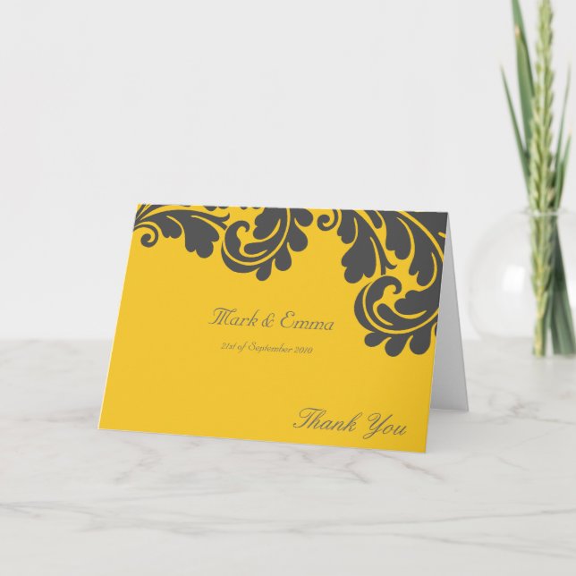Yellow and Grey damask wedding Thank you card (Front)