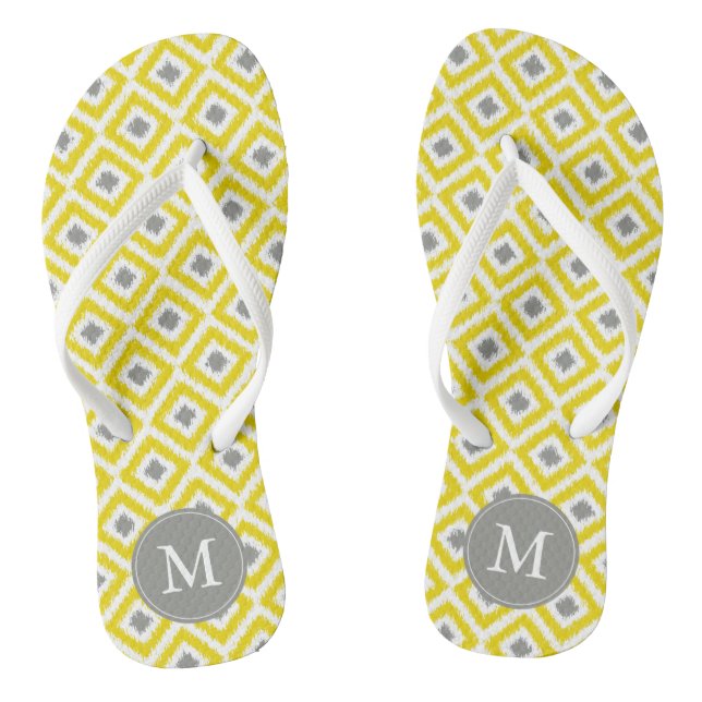Yellow and Grey Diamonds Ikat Pattern Personalised Flip Flops (Footbed)