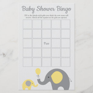 Yellow and Grey Elephant Baby Shower Bingo Game Flyer