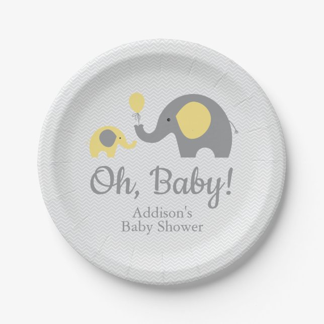 Yellow and Grey Elephant Baby Shower Paper Plates (Front)