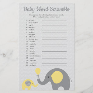 Yellow and Grey Elephant Baby Shower Word Scramble Flyer