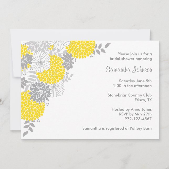Yellow and Grey Floral Bridal Shower Invitations (Front)