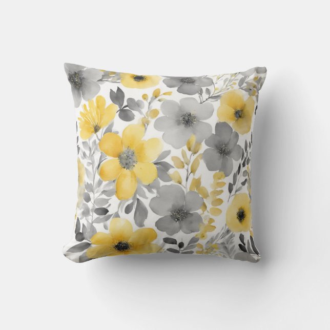 Yellow And Grey Floral Design Watercolors Cushion (Front)