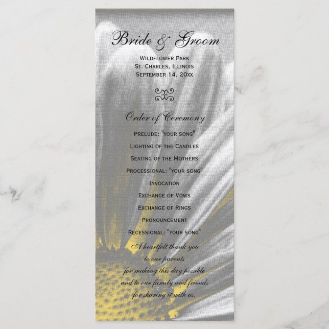 Yellow and Grey Floral Highlights Wedding Program Programme (Front)