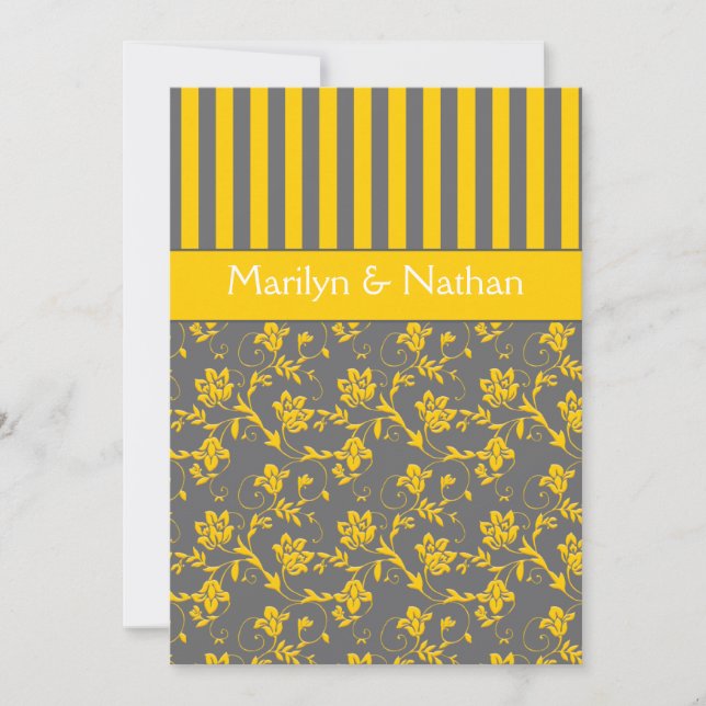 Yellow and Grey Floral Striped Wedding Invitation (Front)