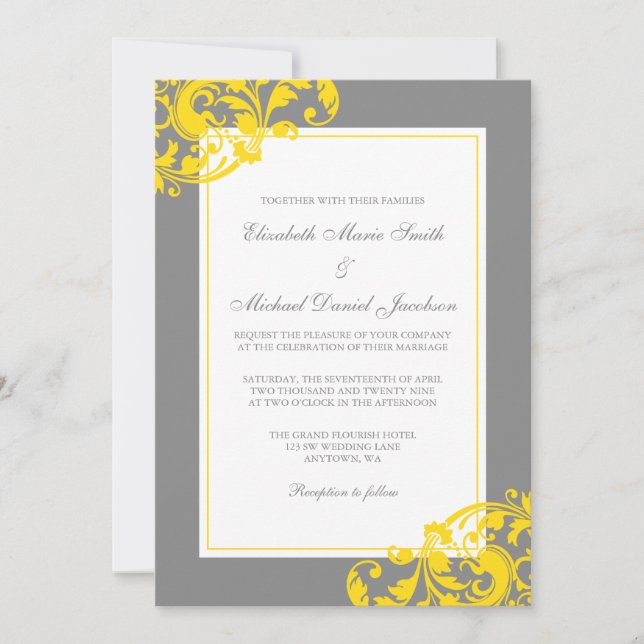 Yellow and Grey Flourish Swirls Wedding Invitation (Front)