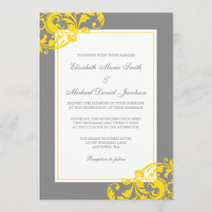 Yellow and Grey Flourish Swirls Wedding Invitation