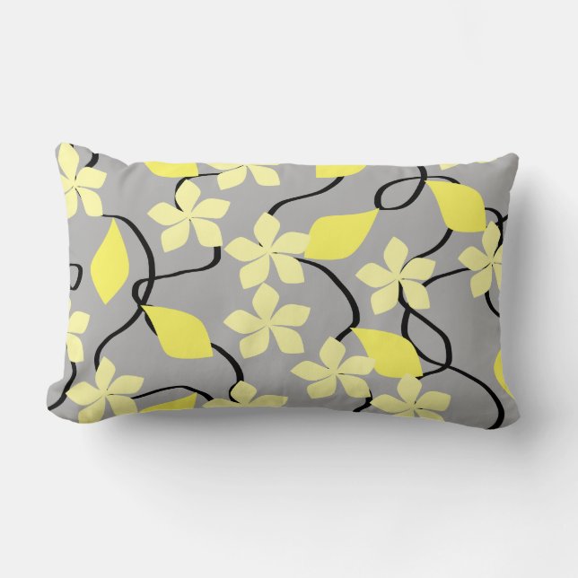 Yellow and Grey Flowers. Floral Pattern. Lumbar Cushion (Front)