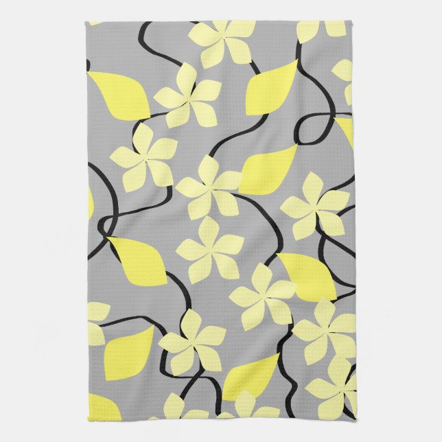 Yellow and Grey Flowers. Floral Pattern. Tea Towel (Vertical)