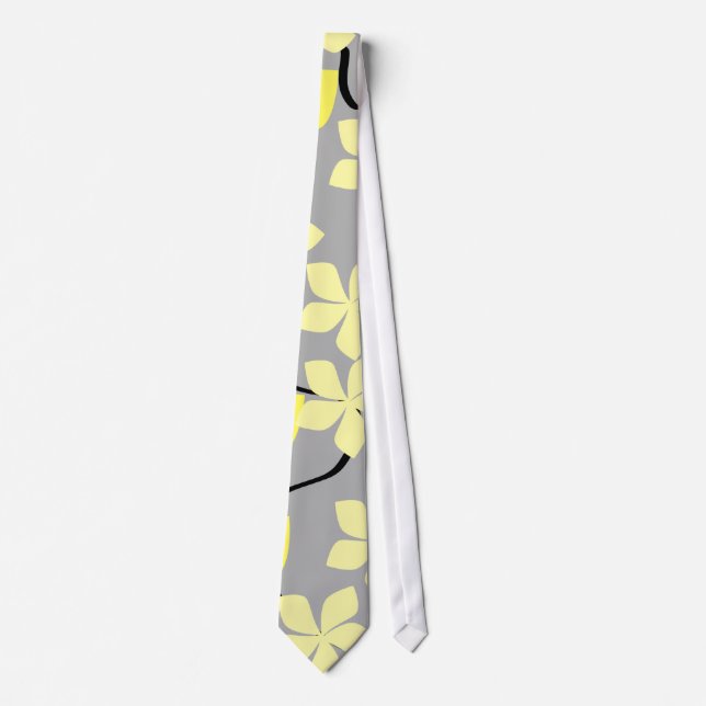 Yellow and Grey Flowers. Floral Pattern. Tie (Front)