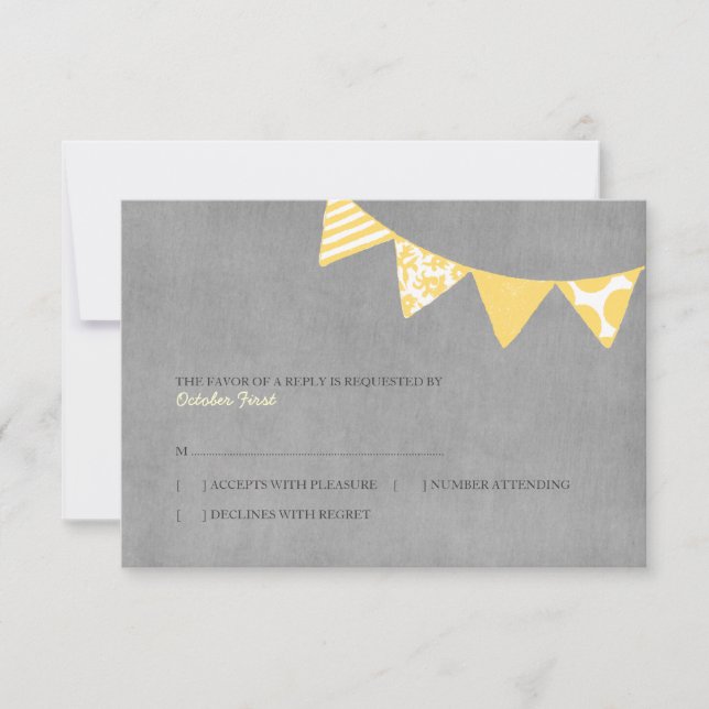 Yellow and Grey Fun Flags Wedding rsvp (Front)