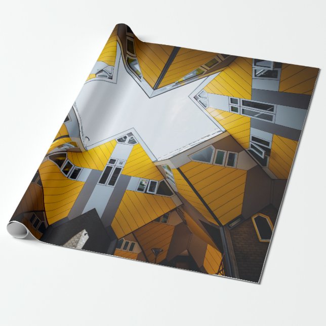 YELLOW AND GREY GEOMETRIC BUILDINGS WRAPPING PAPER (Unrolled)