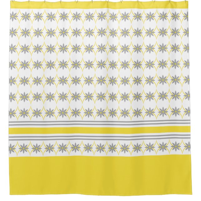 Yellow and Grey Geometric Flowers on White Shower Curtain (Front)