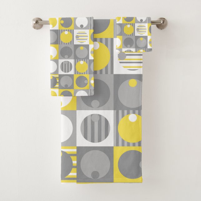 Yellow and grey geometric shapes bath towel set (Insitu)