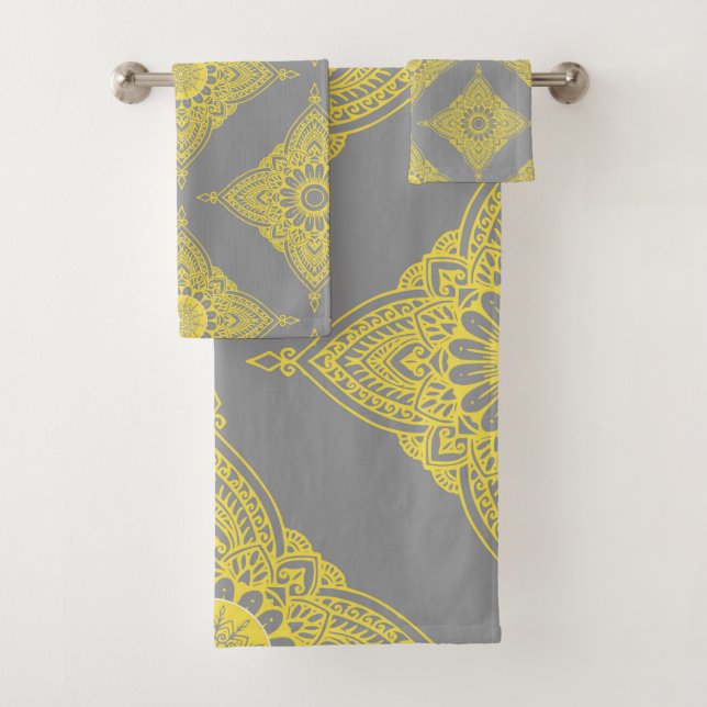 Yellow and grey Hindu style composition Bath Towel Set (Insitu)