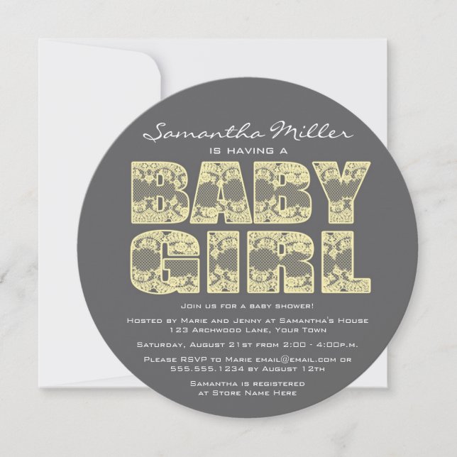Yellow and Grey Lace Round Baby Shower Invite (Front)