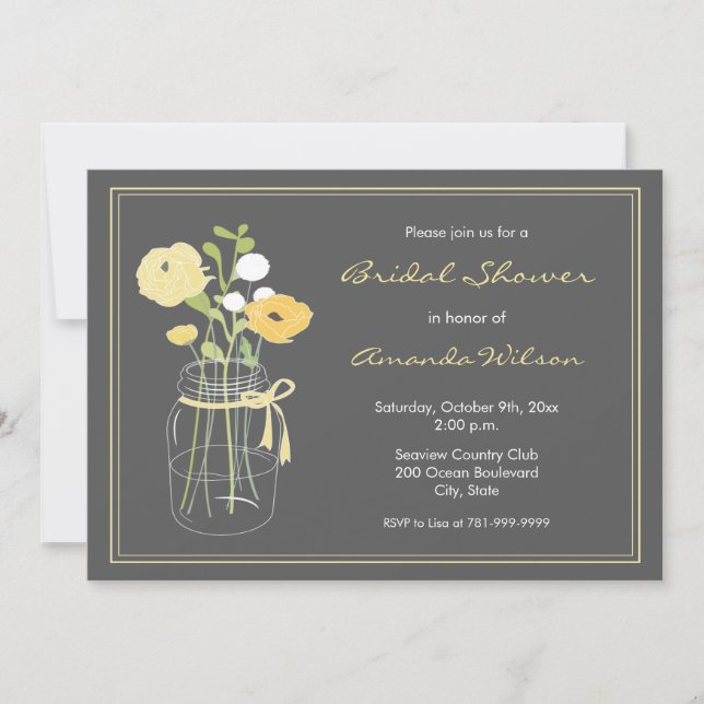 Yellow and Grey Mason Jar Bridal Shower Invitation (Front)
