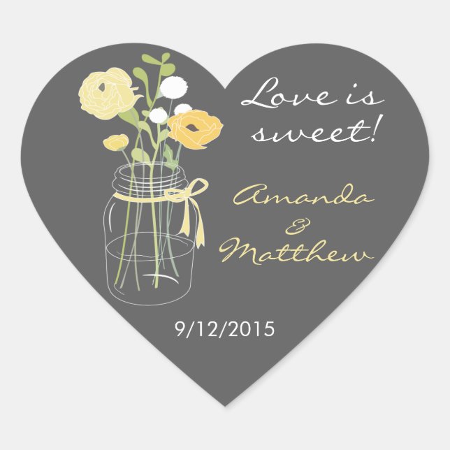 Yellow and Grey Mason Jar Wedding Favour Stickers (Front)