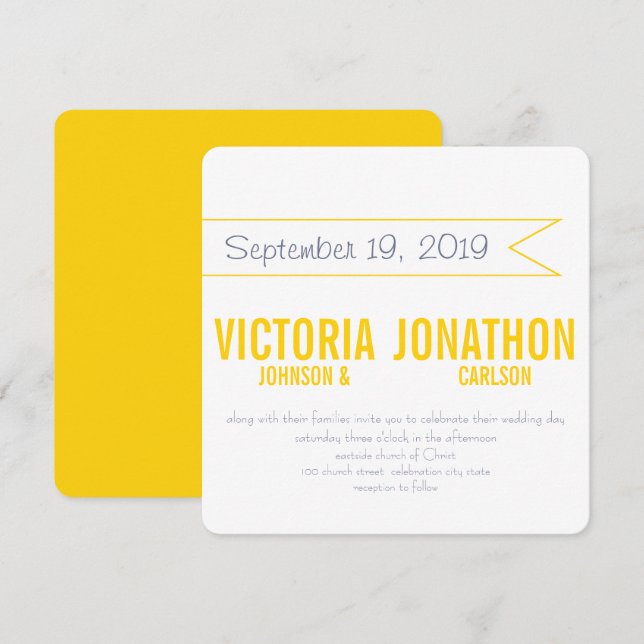Yellow and Grey Modern Typography Wedding Invitation (Front/Back)