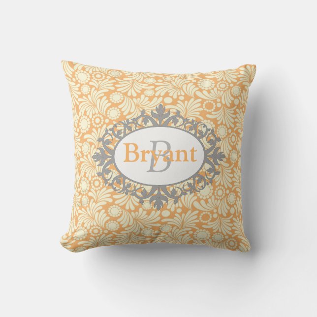 Yellow and Grey Monogram Damask Throw Pillow (Front)