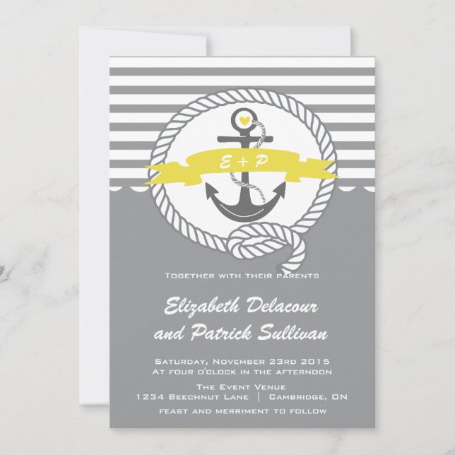 Yellow and Grey Nautical Beach Wedding Invitation (Front)