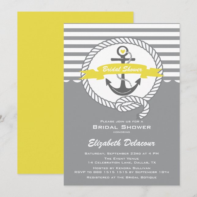 Yellow and Grey Nautical Bridal Shower Invitation (Front/Back)