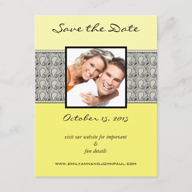 Yellow and Grey Paisley Save The Date Your Photos Announcement Postcard (Front)