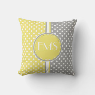 Yellow and Grey Polka Dot Monogram Pillow