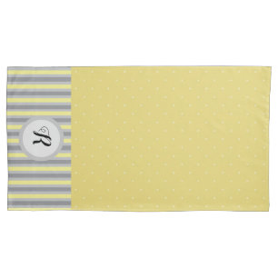 Yellow and Grey Polka Dots and Stripes Monogrammed Pillowcase