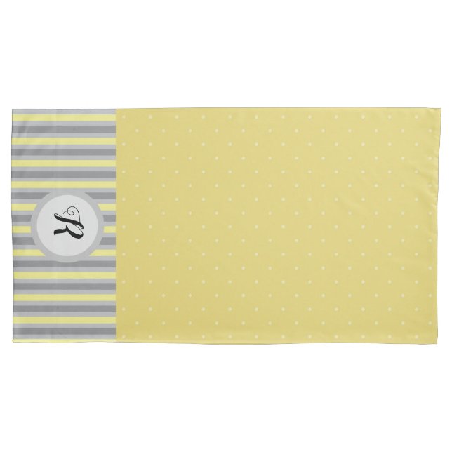 Yellow and Grey Polka Dots and Stripes Monogrammed Pillowcase (Front-Left)