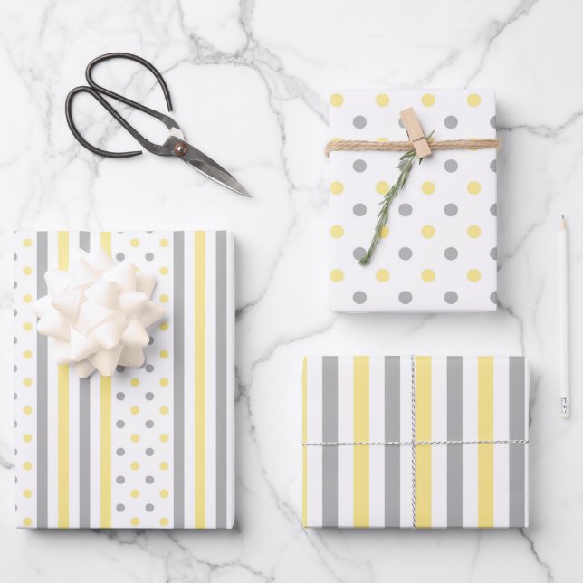 Yellow and grey polka dots & stripes cute bright wrapping paper sheet (Front)