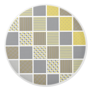 Yellow and Grey Quilt Look  Ceramic Knob