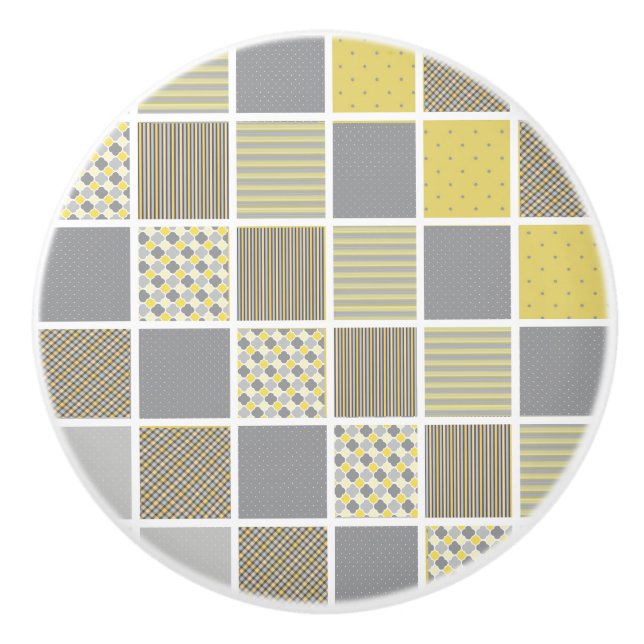 Yellow and Grey Quilt Pattern Ceramic Knob (Front)