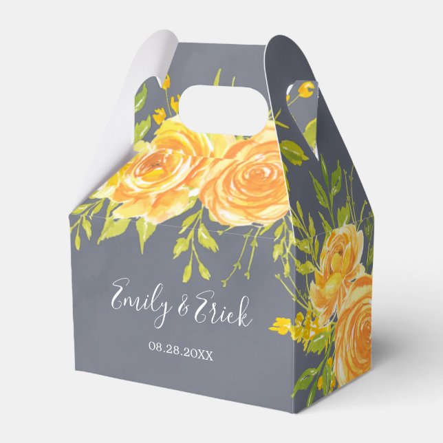Yellow and Grey Rose Peony Wedding Favour Box (Front Side)