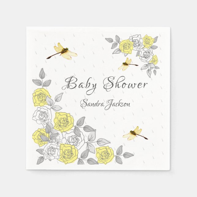 Yellow and Grey Roses Dragonfly Baby Shower Napkin (Front)