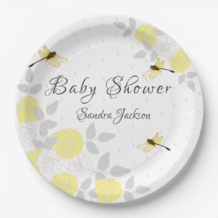 Yellow and Grey Roses Dragonfly Baby Shower Paper Plate