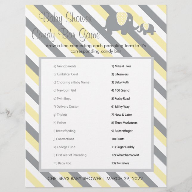 Yellow and Grey Stripe Elephant Baby Shower Game Flyer (Front)