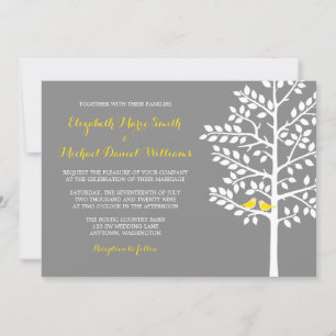 Yellow and Grey Tree Love Birds Wedding Invitation