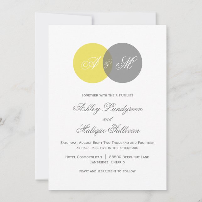 Yellow and Grey Twin Monograms Wedding Invitation (Front)