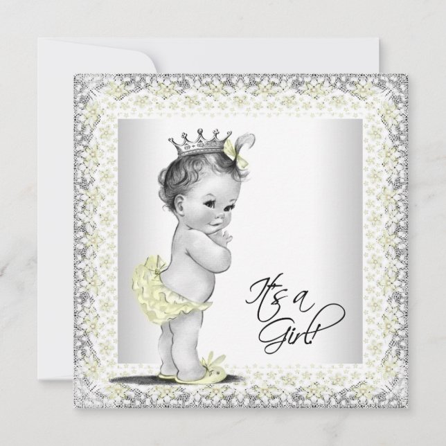 Yellow and Grey Vintage Baby Girl Shower Invitation (Front)