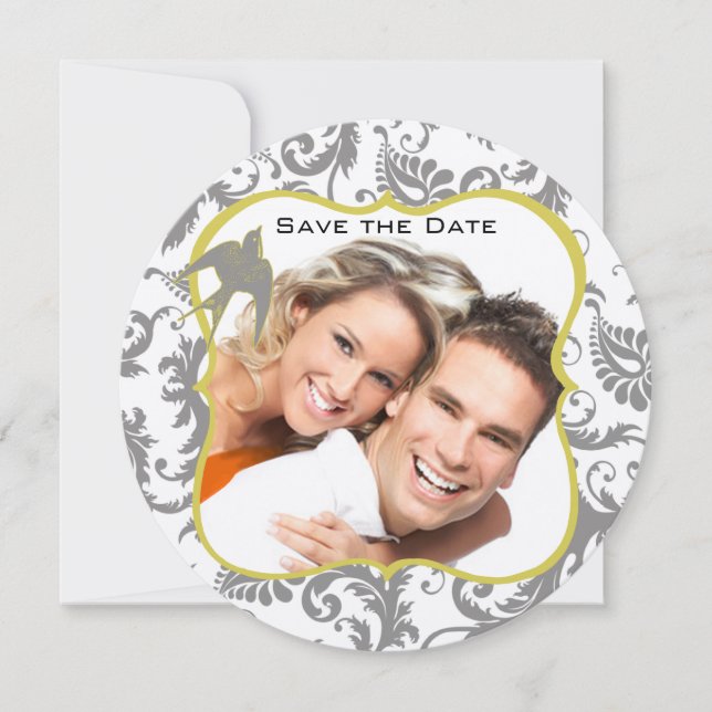Yellow and Grey Vintage Bird Damask Invitation (Front)