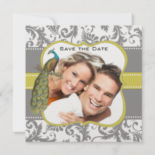 Yellow and Grey Vintage Bird Damask Save the Date Invitation