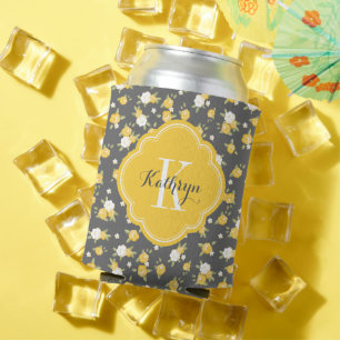 Yellow and Grey Vintage Floral Monogram Can Cooler