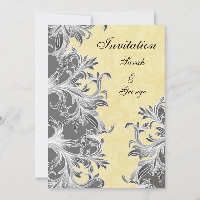 Yellow and Grey Vintage Flourish Wedding Invitation (Front)